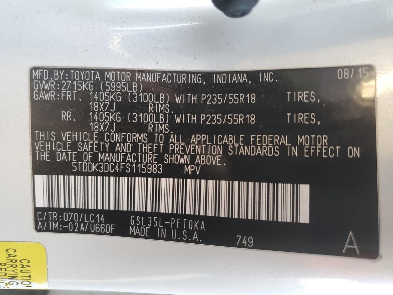 2015 TOYOTA SIENNA