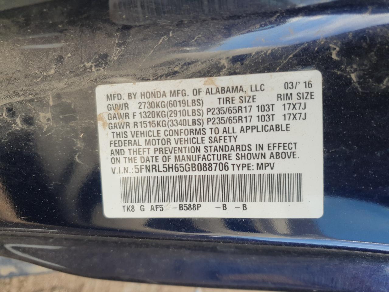 2016 HONDA ODYSSEY