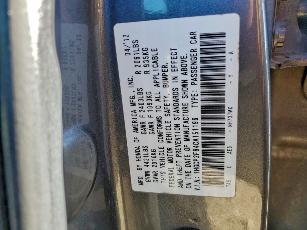 2012 HONDA ACCORD
