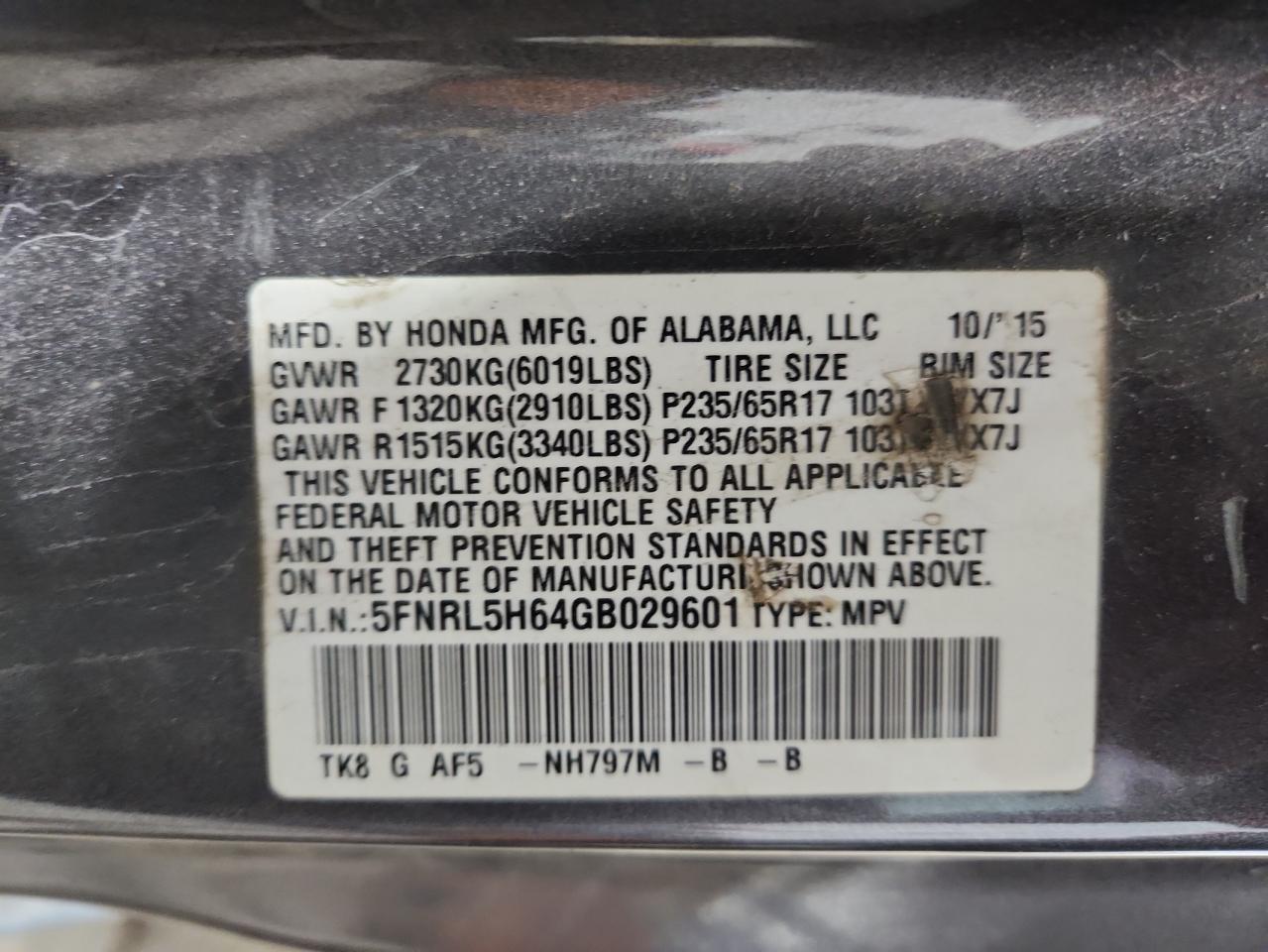 2016 HONDA ODYSSEY