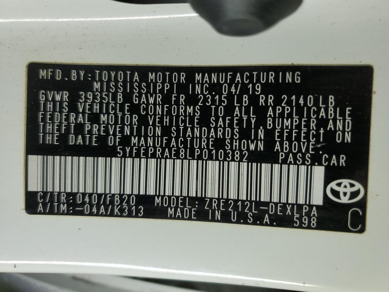 2020 TOYOTA COROLLA
