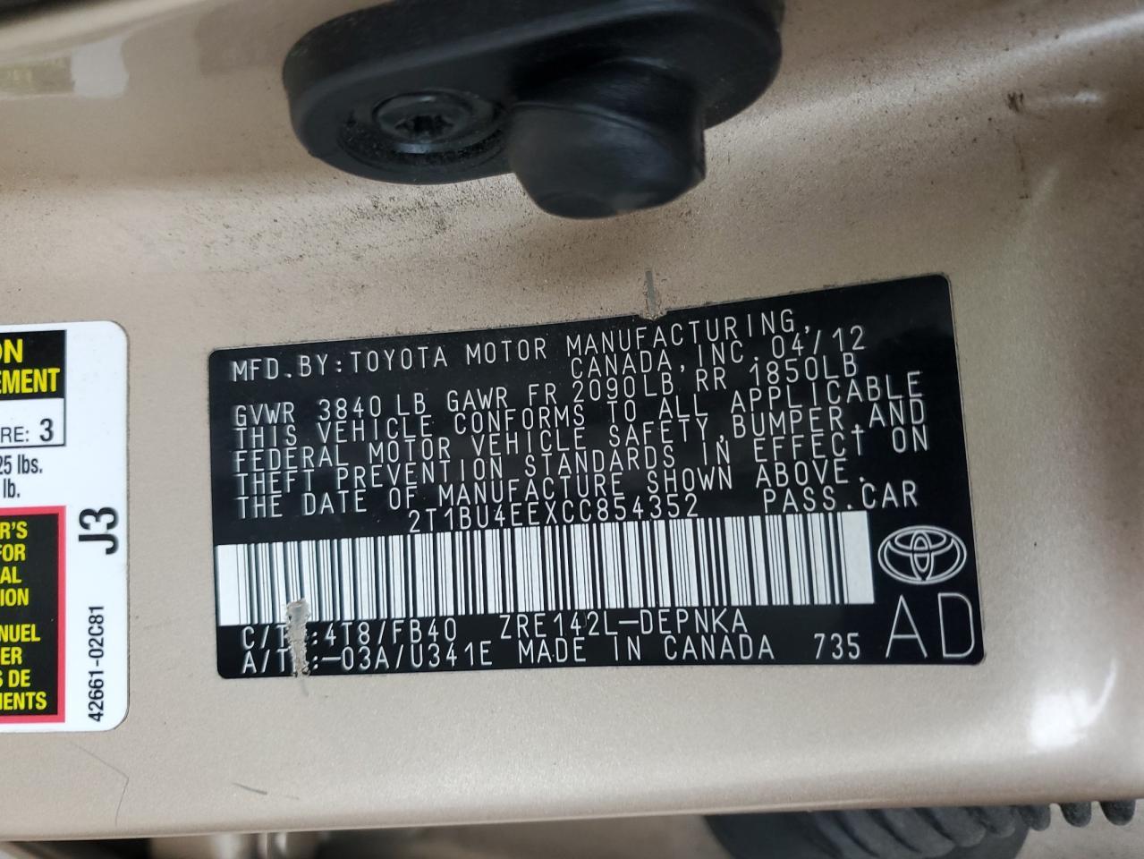 2012 TOYOTA COROLLA