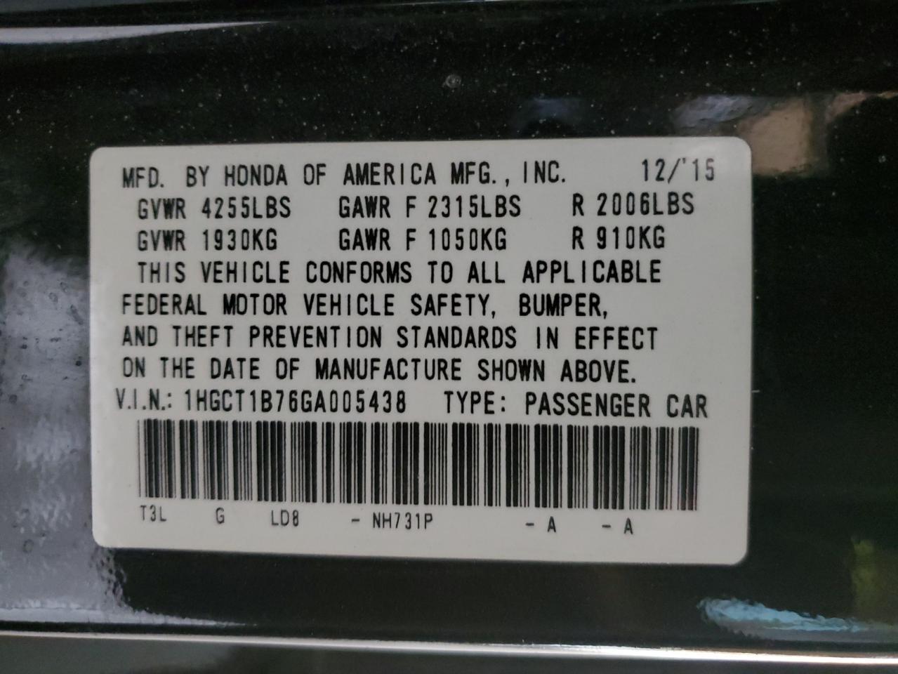 2016 HONDA ACCORD