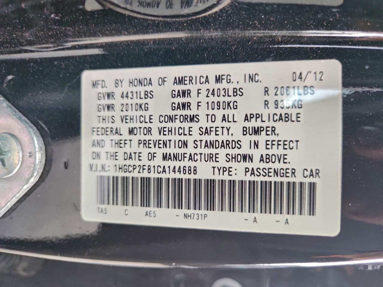 2012 HONDA ACCORD