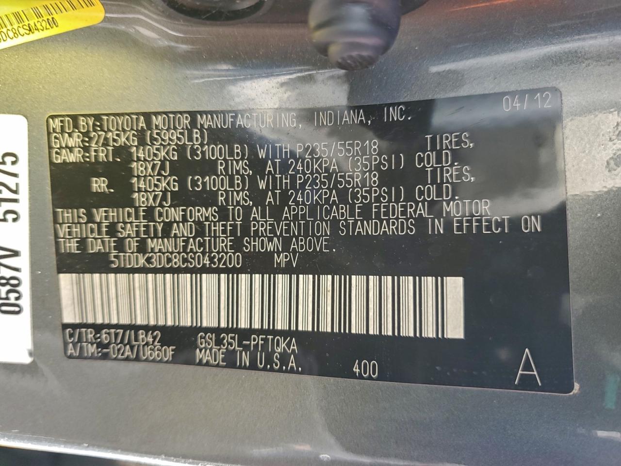 2012 TOYOTA SIENNA