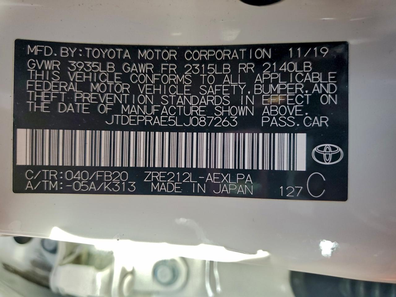 2020 TOYOTA COROLLA