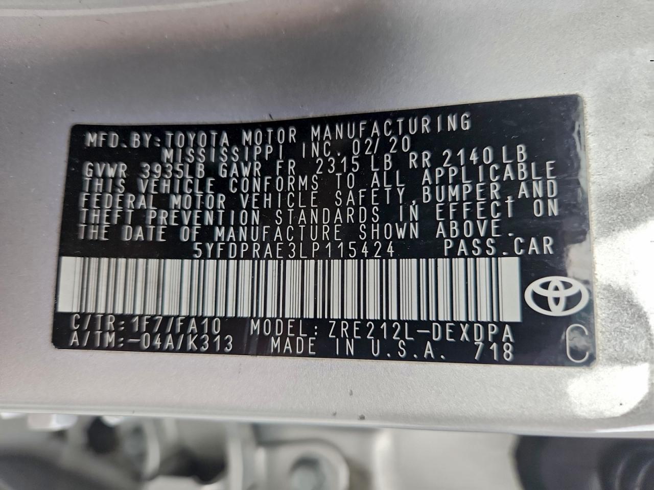 2020 TOYOTA COROLLA