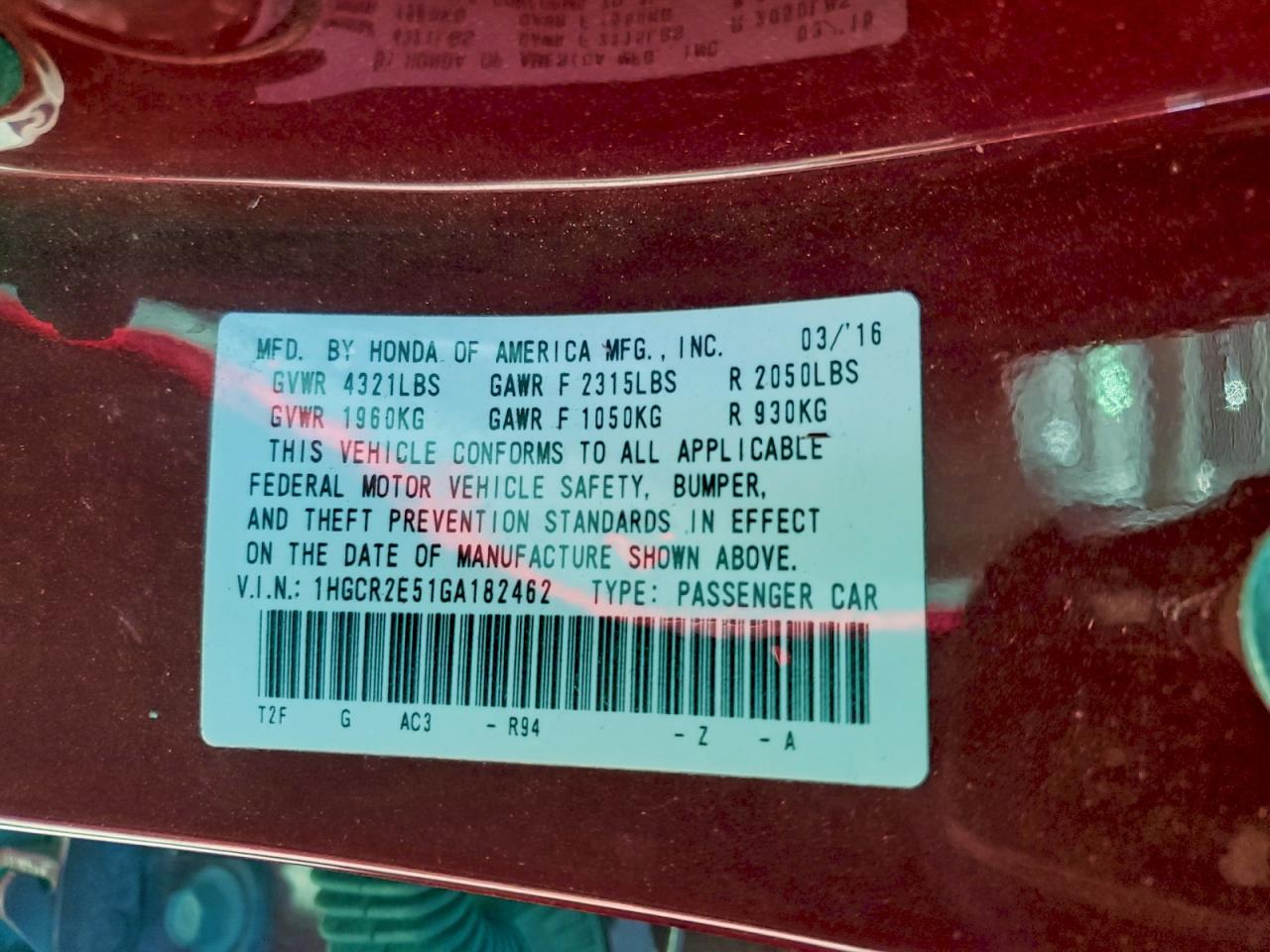 2016 HONDA ACCORD