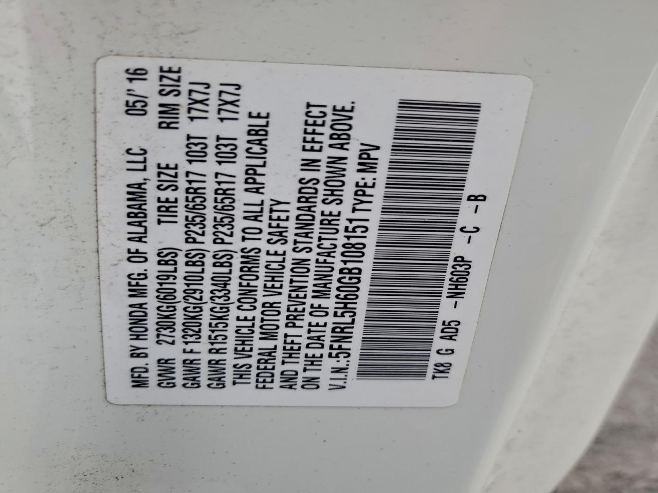 2016 HONDA ODYSSEY