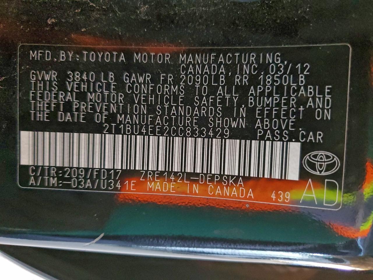 2012 TOYOTA COROLLA