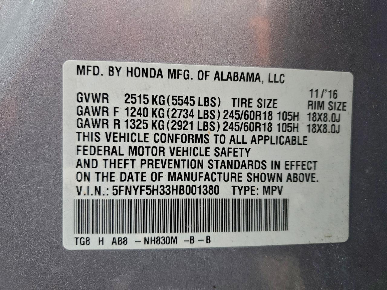2017 HONDA PILOT