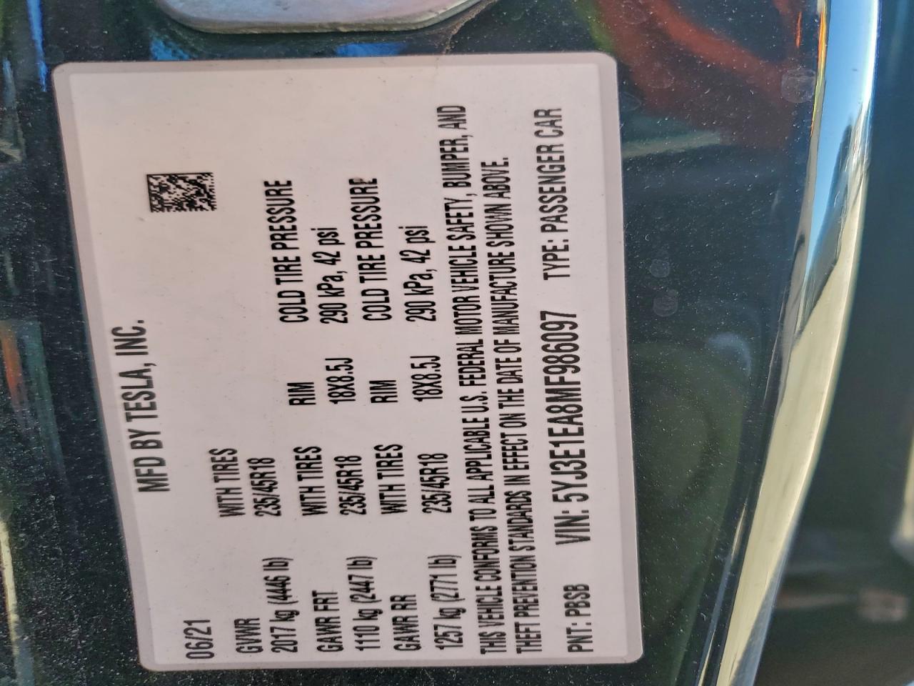 2021 TESLA MODEL 3
