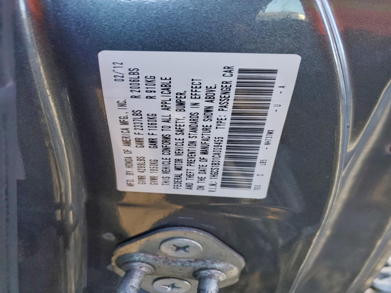 2012 HONDA ACCORD