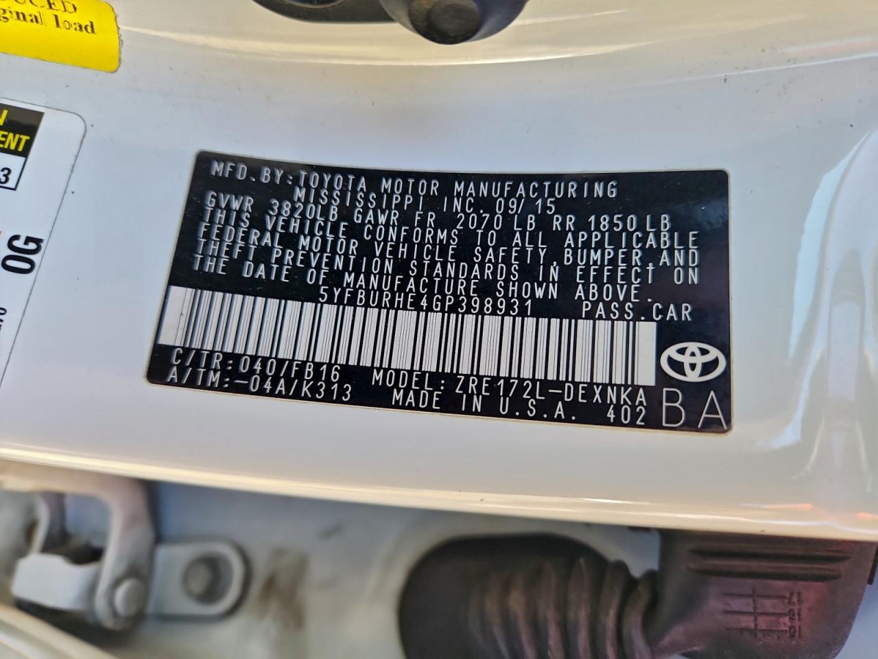 2016 TOYOTA COROLLA