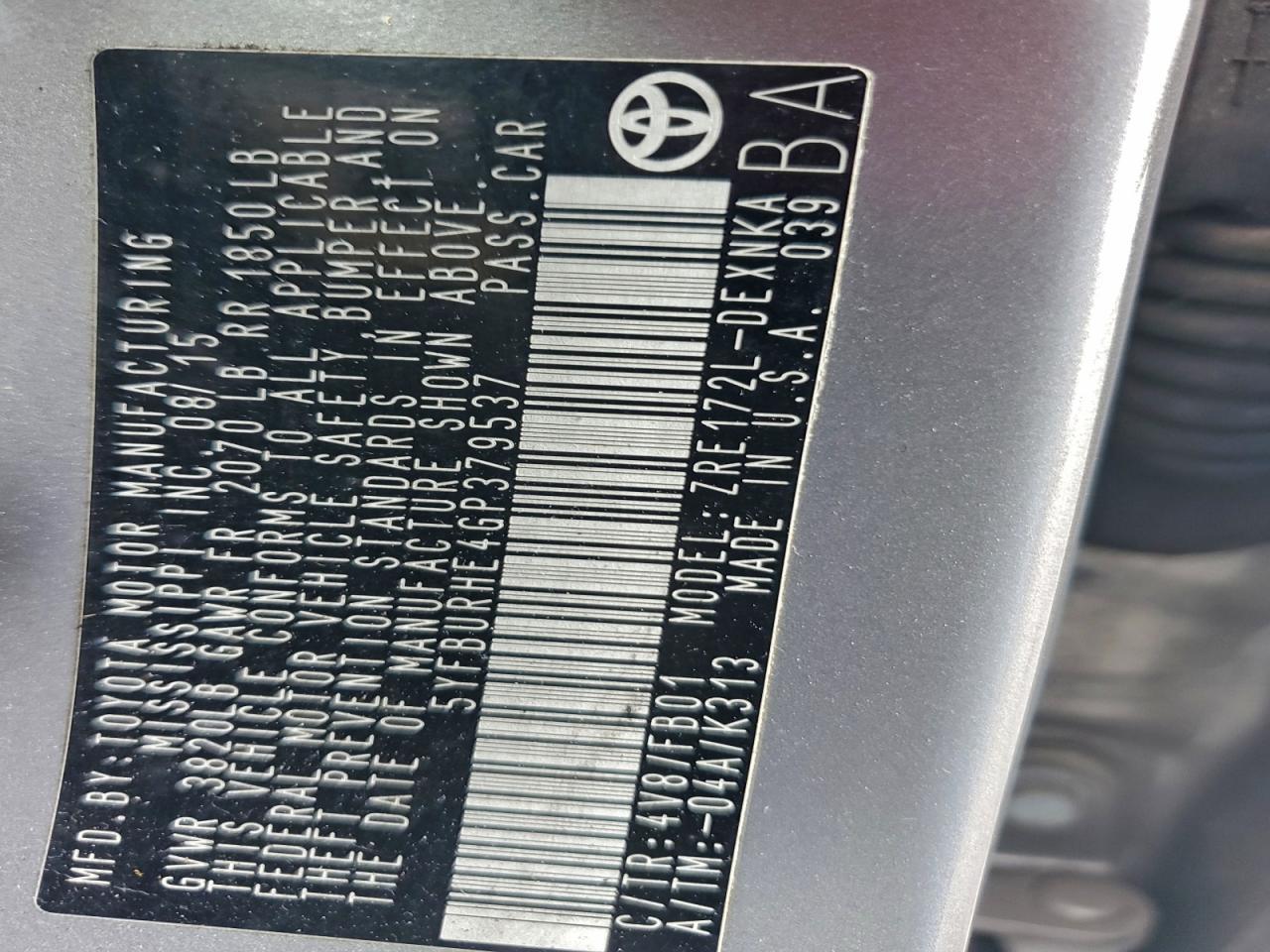 2016 TOYOTA COROLLA