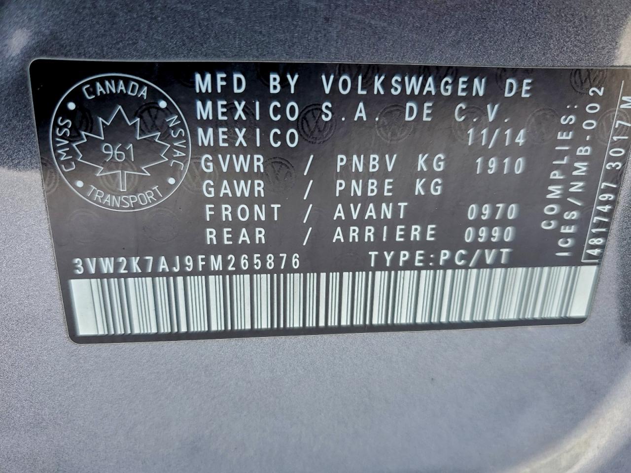 2015 VOLKSWAGEN JETTA