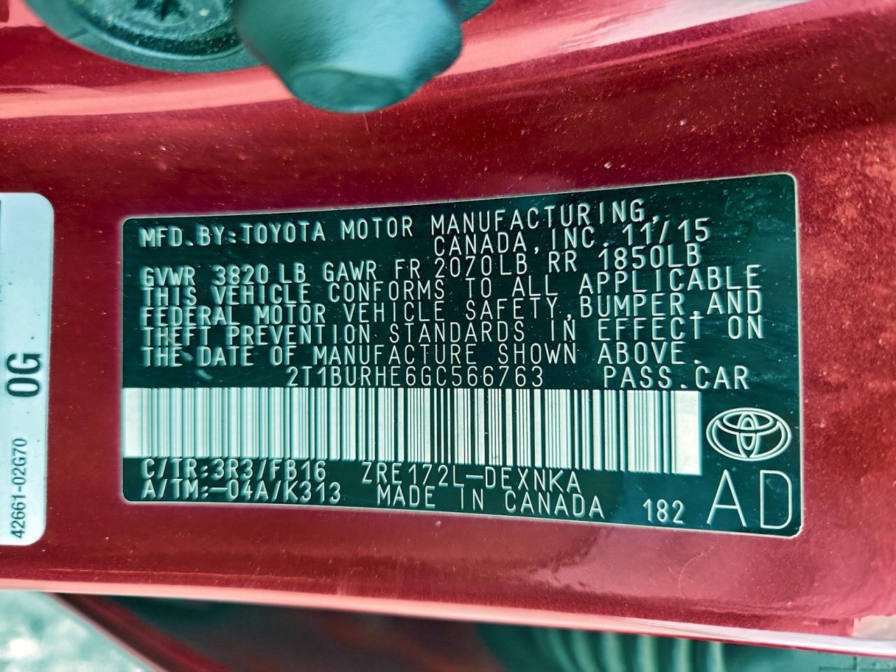 2016 TOYOTA COROLLA