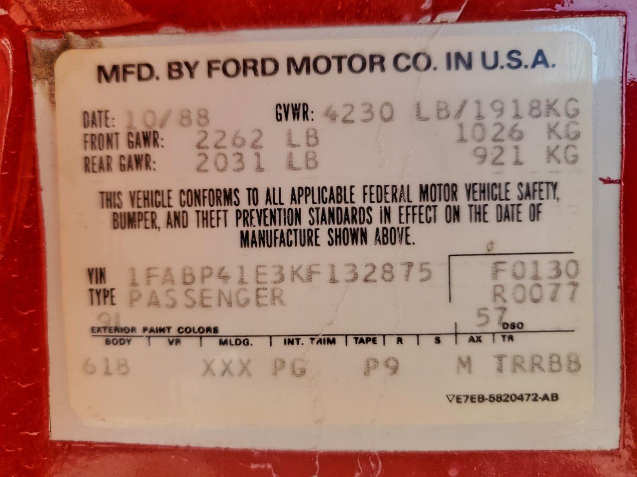 1989 FORD MUSTANG