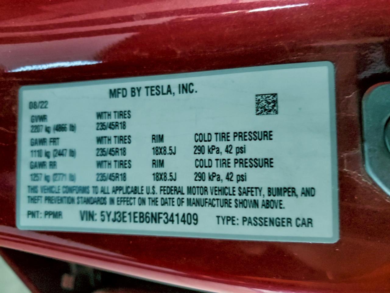 2022 TESLA MODEL 3