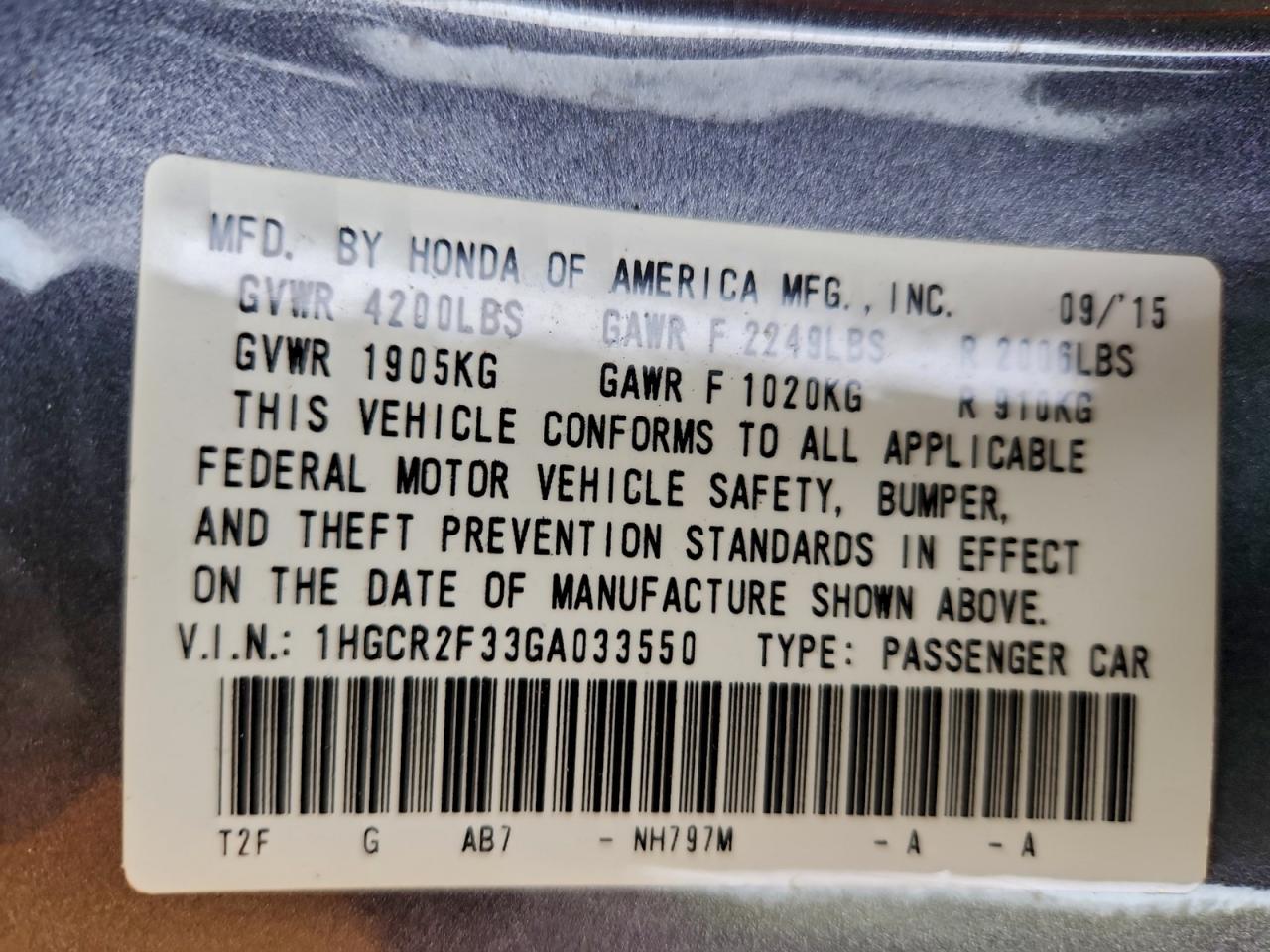 2016 HONDA ACCORD