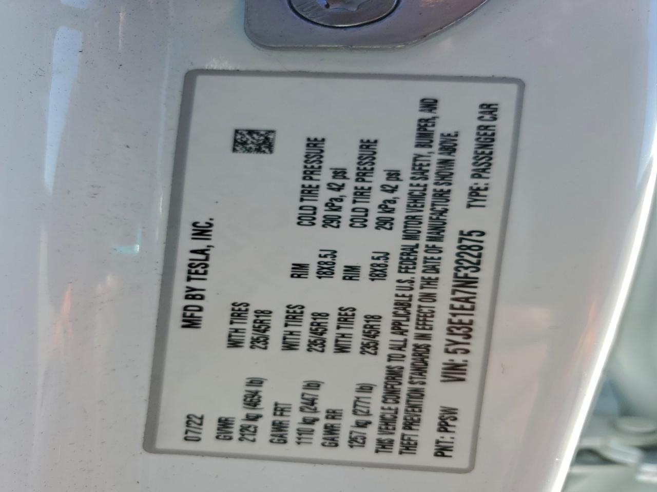 2022 TESLA MODEL 3