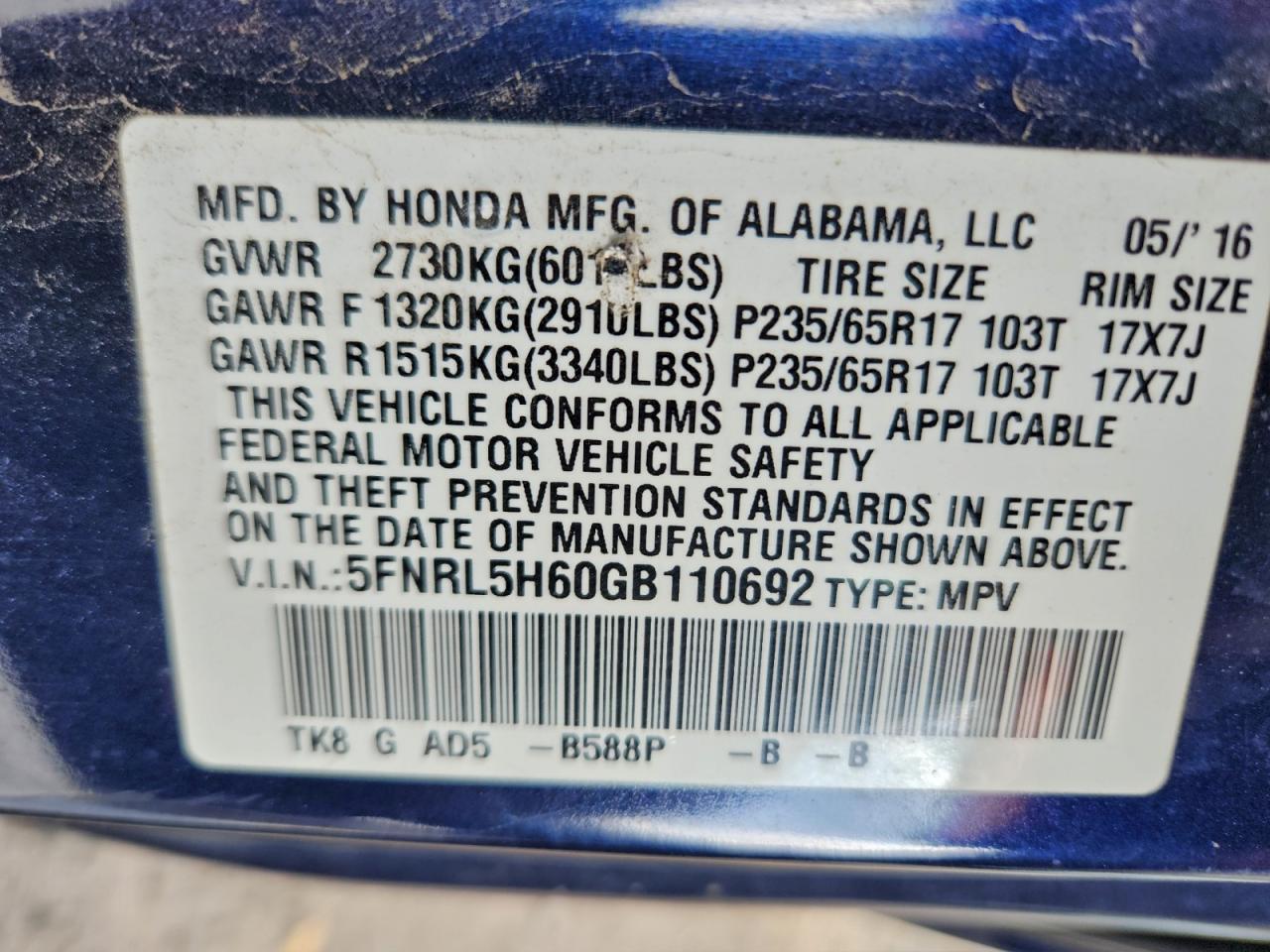 2016 HONDA ODYSSEY