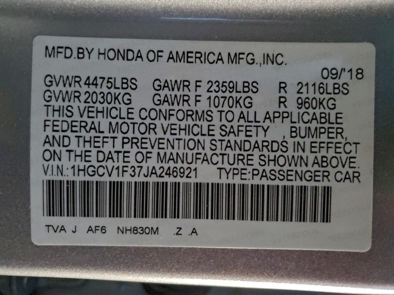 2018 HONDA ACCORD