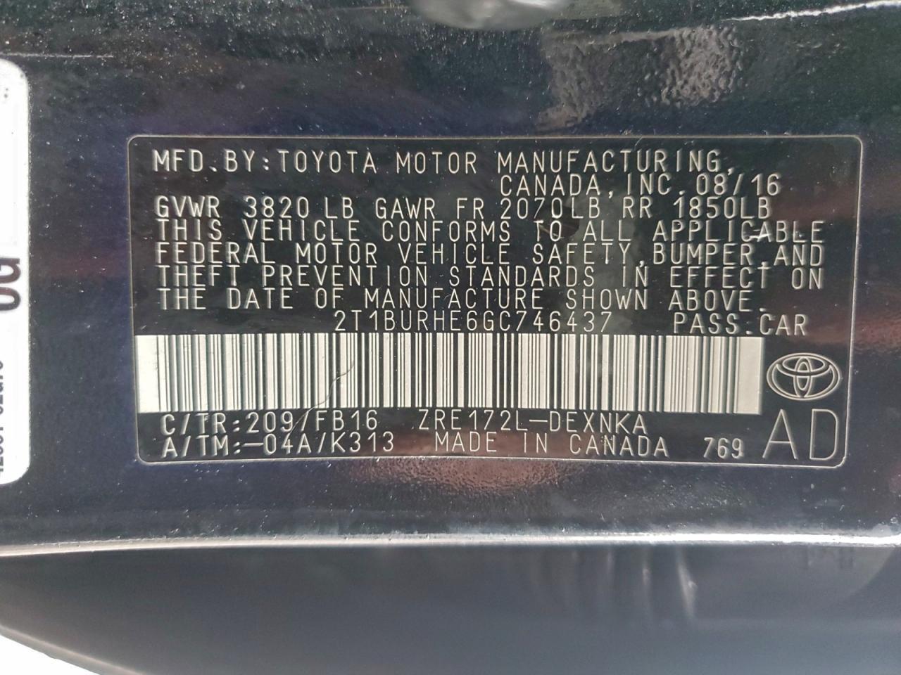 2016 TOYOTA COROLLA