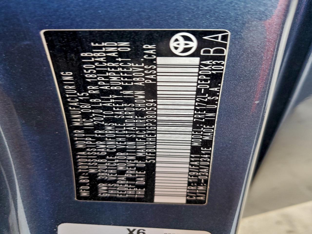 2016 TOYOTA COROLLA