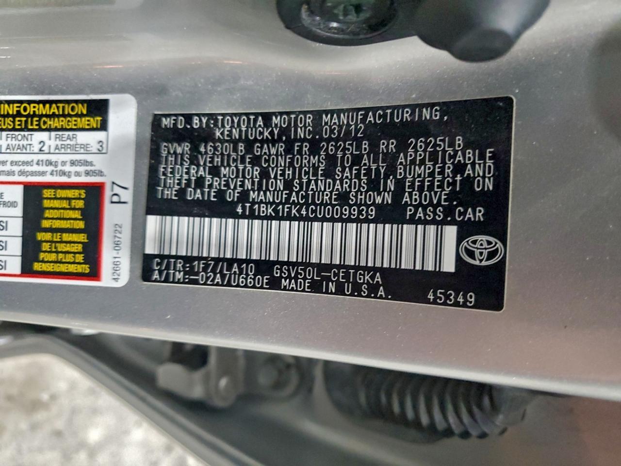 2012 TOYOTA CAMRY