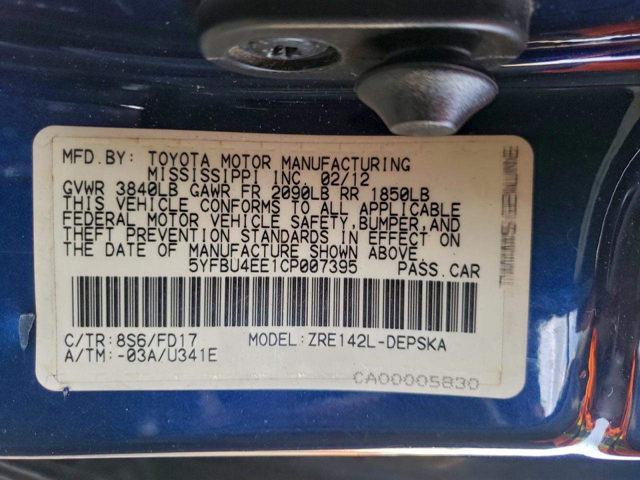 2012 TOYOTA COROLLA