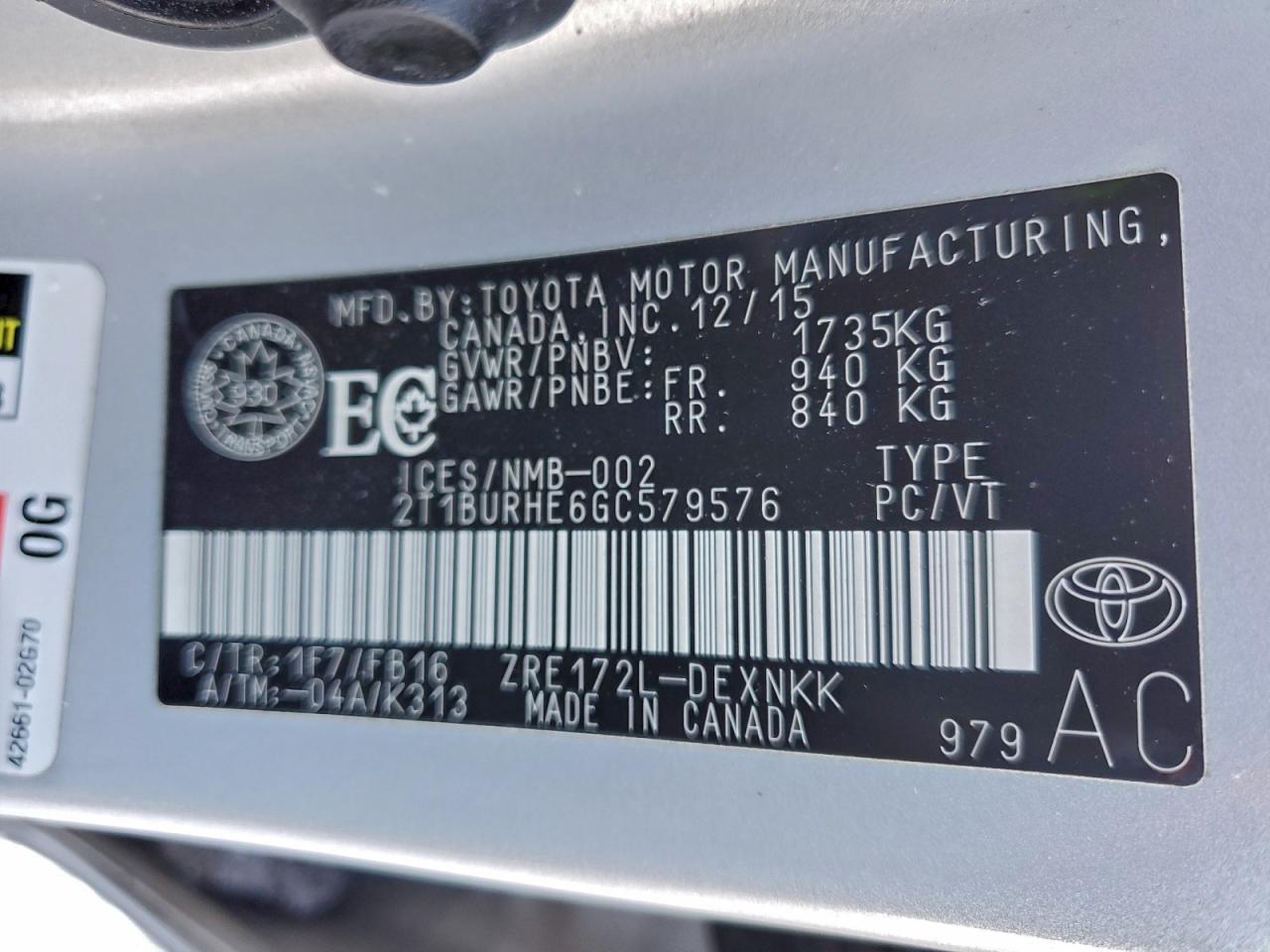 2016 TOYOTA COROLLA