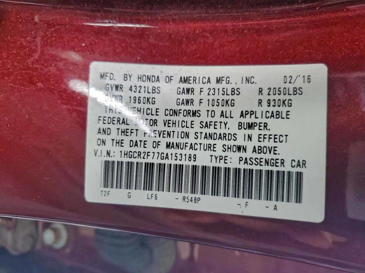 2016 HONDA ACCORD