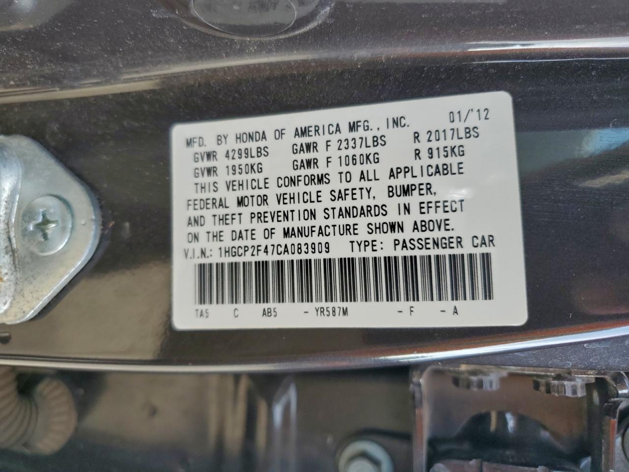 2012 HONDA ACCORD