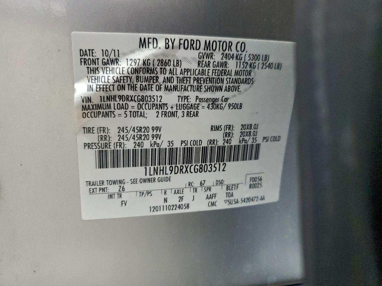 2012 LINCOLN MKS