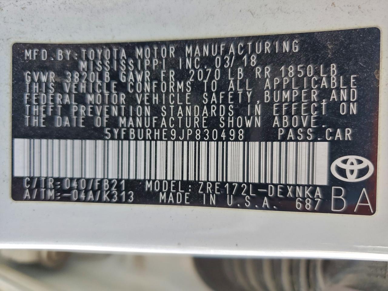 2018 TOYOTA COROLLA