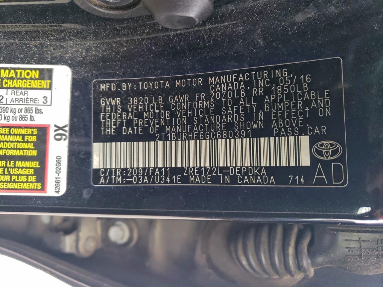 2016 TOYOTA COROLLA