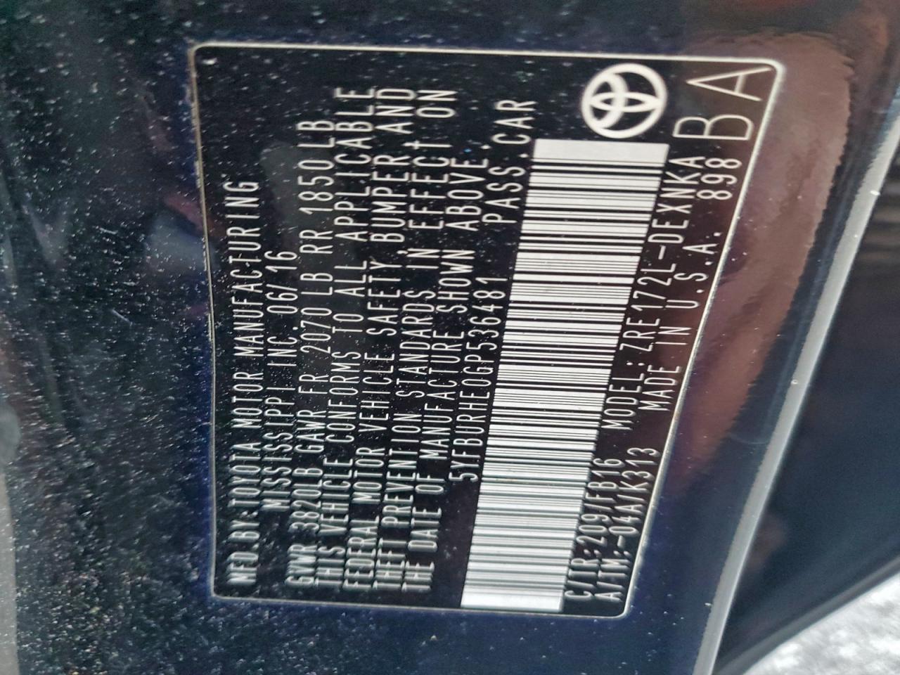 2016 TOYOTA COROLLA