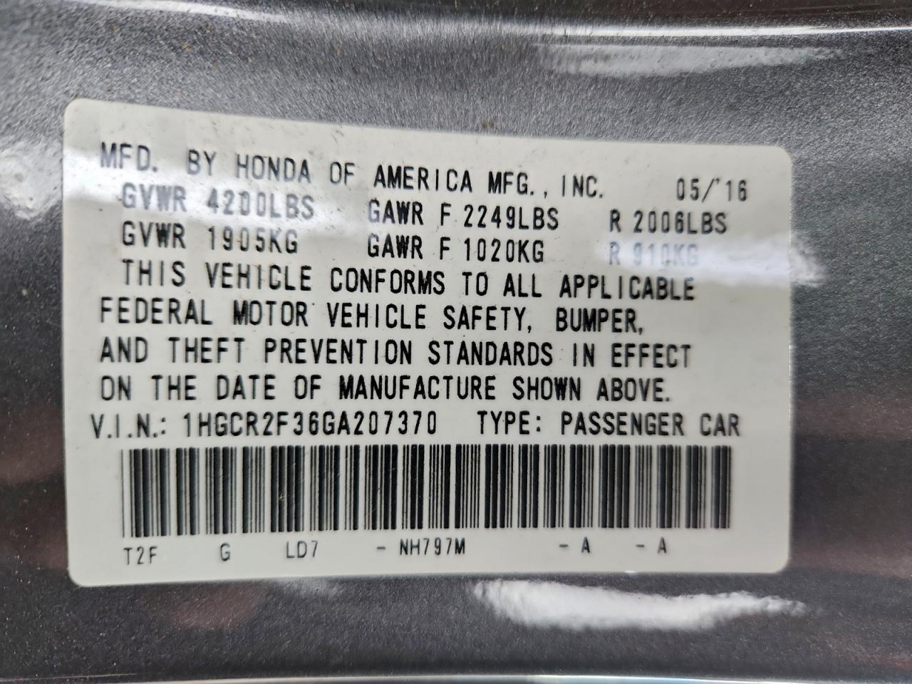 2016 HONDA ACCORD