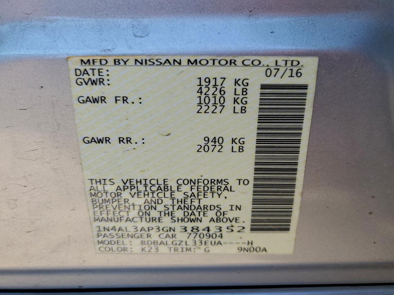 2016 NISSAN ALTIMA