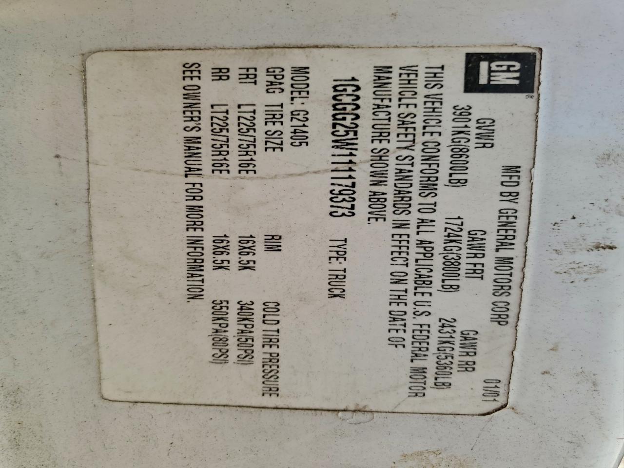 2001 CHEVROLET EXPRESS 2500