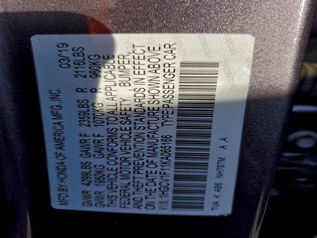 2019 HONDA ACCORD
