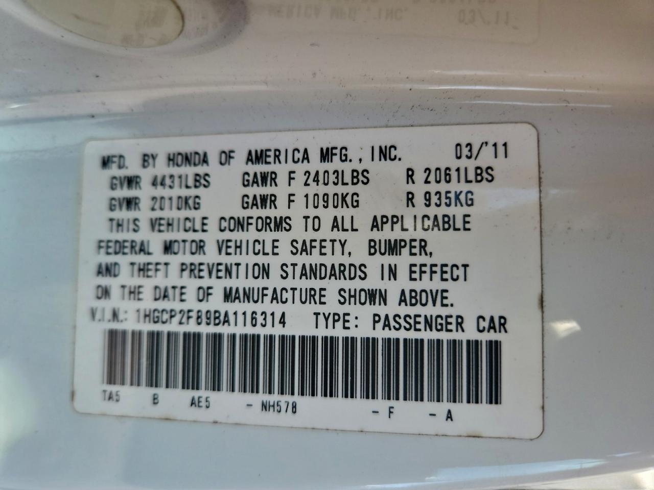 2011 HONDA ACCORD