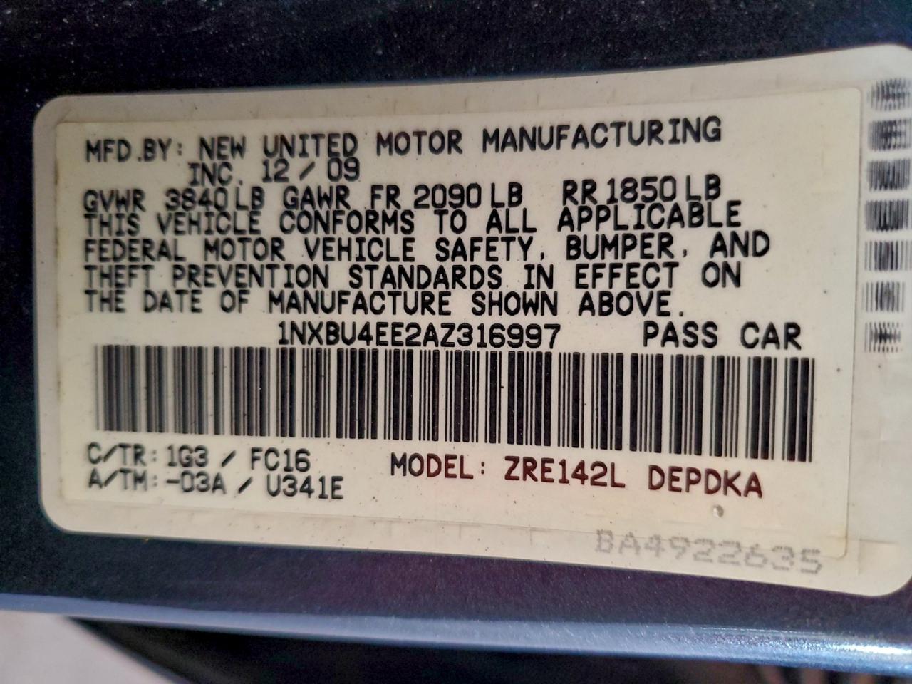 2010 TOYOTA COROLLA