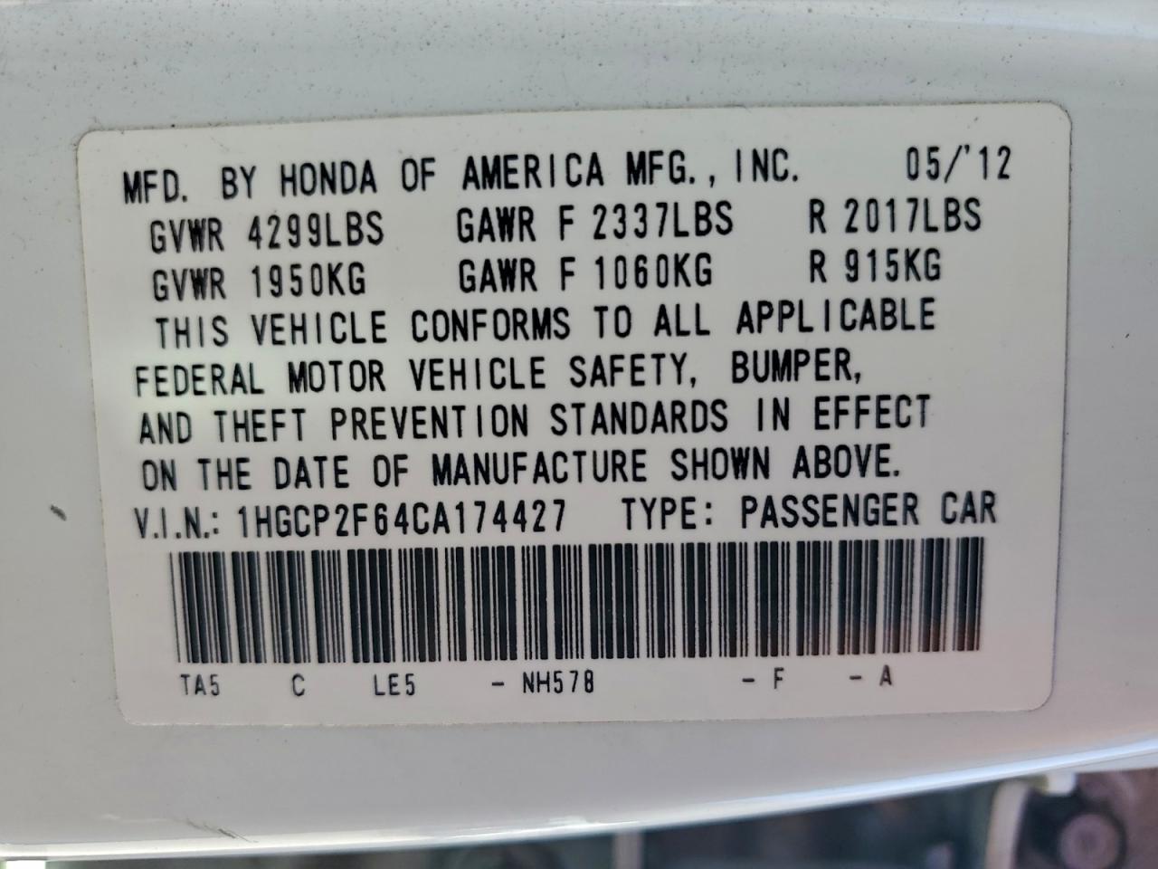 2012 HONDA ACCORD