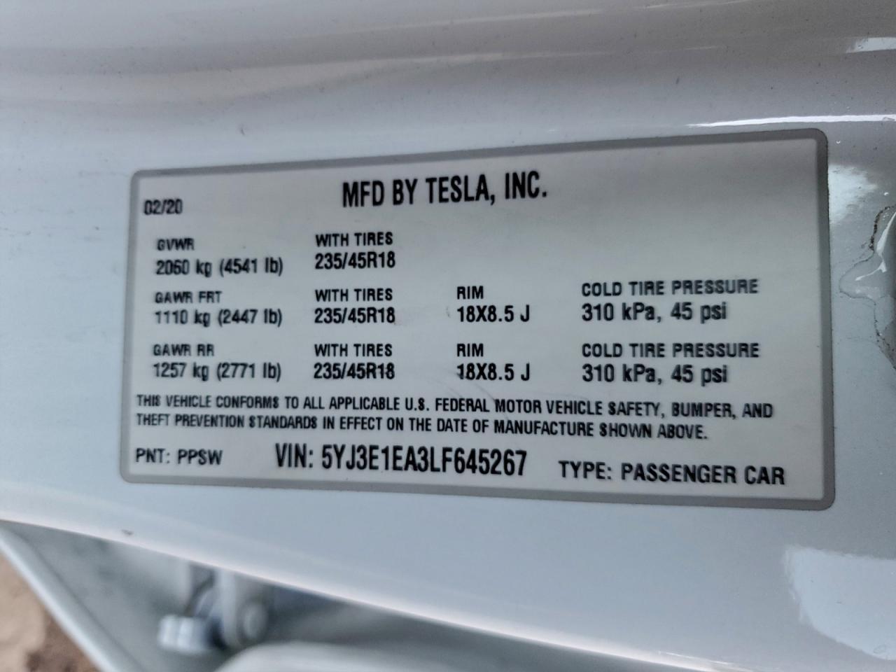 2020 TESLA MODEL 3