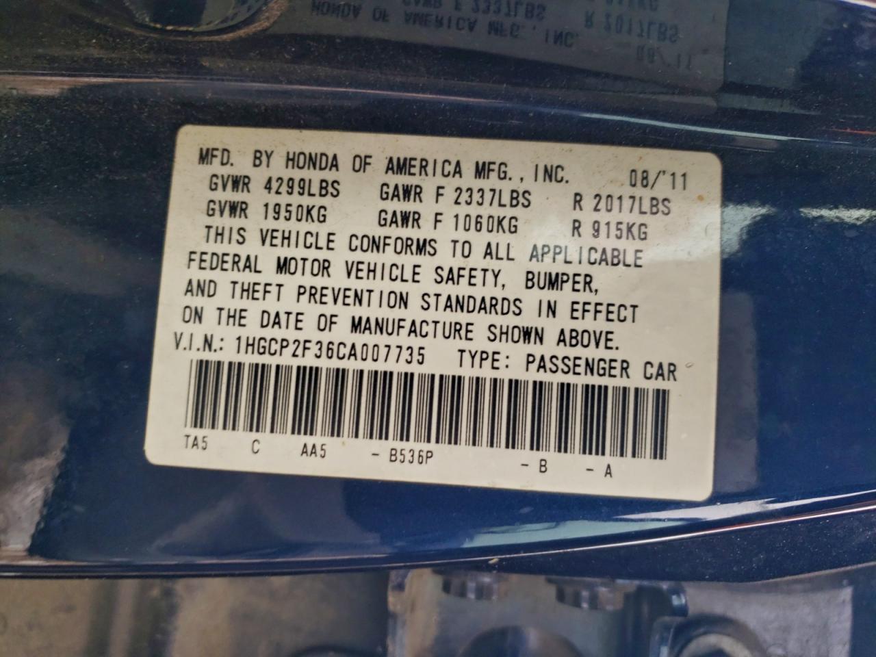 2012 HONDA ACCORD