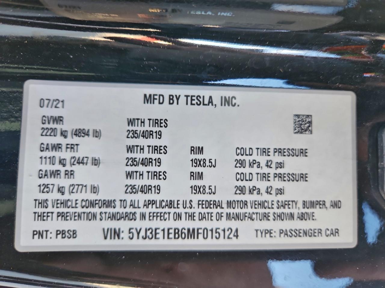 2021 TESLA MODEL 3