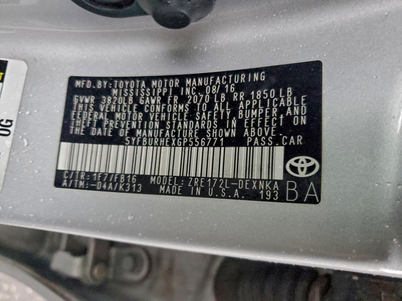 2016 TOYOTA COROLLA