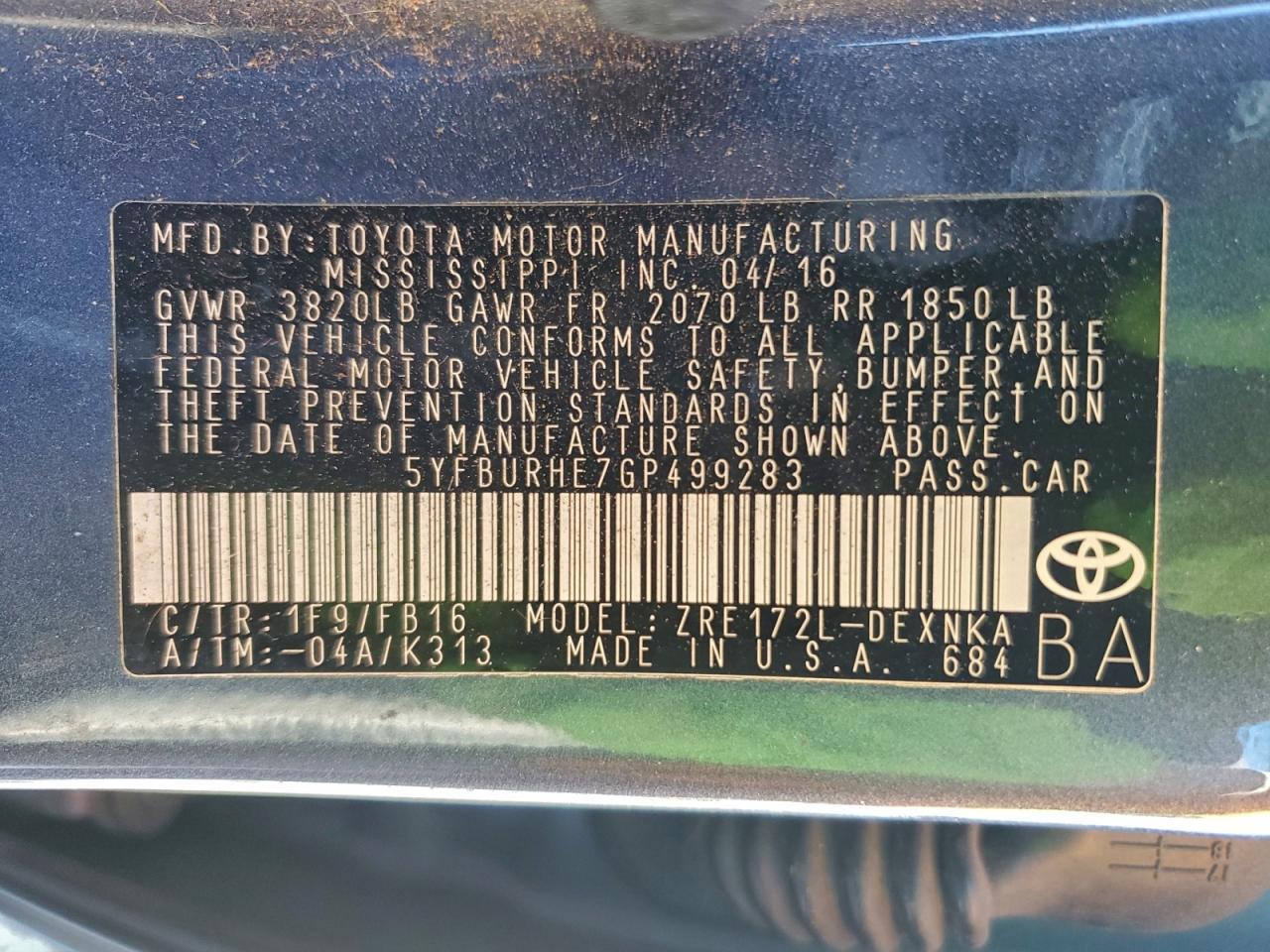 2016 TOYOTA COROLLA